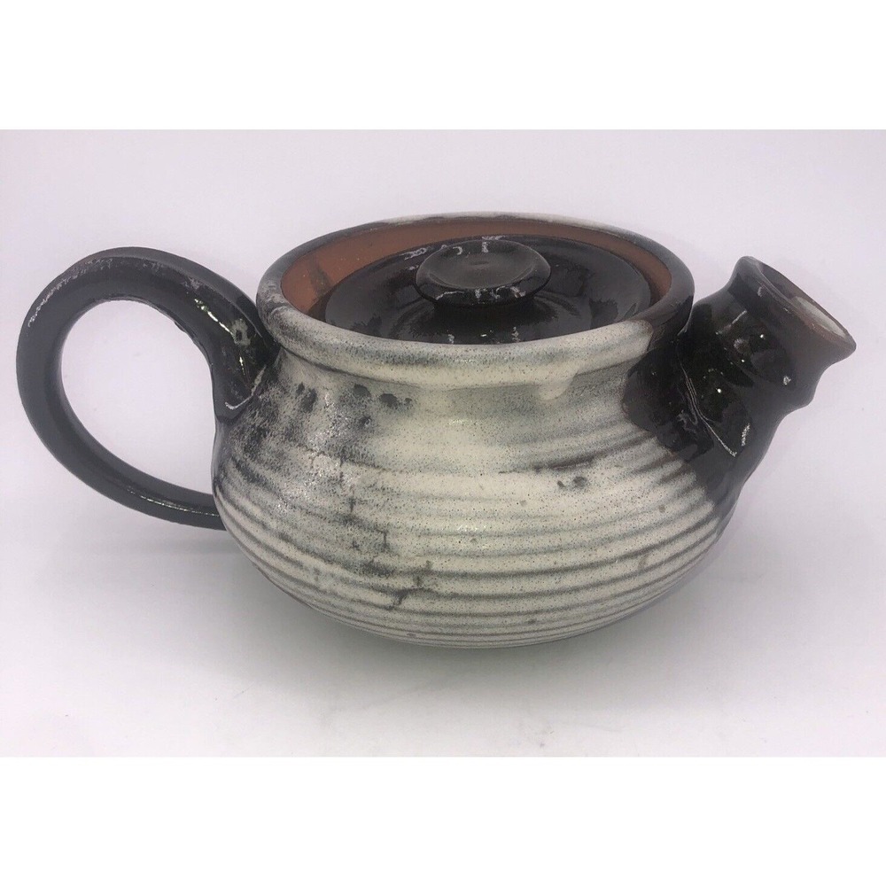 Vintage Studio Pottery Teapot Signed Handmade Brown Cream Glazed Ceramic w/Lid